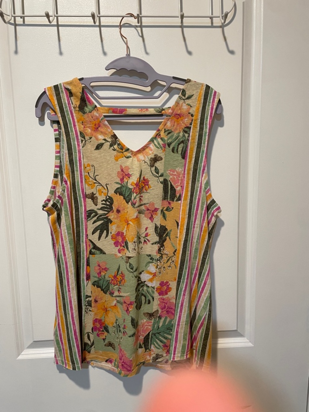 Cato Floral & Stripe V-Neck Tank Top - Pink, Green & Yellow - Picture 4 of 5